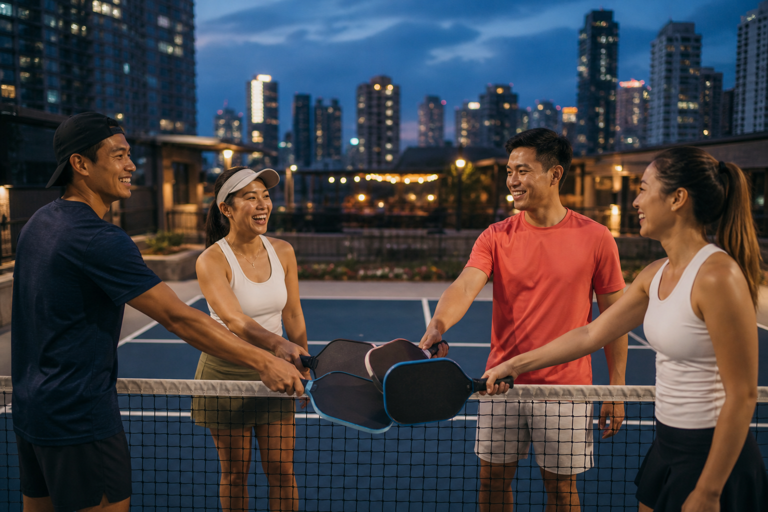 Four friends tapping paddles together at the net after a match.