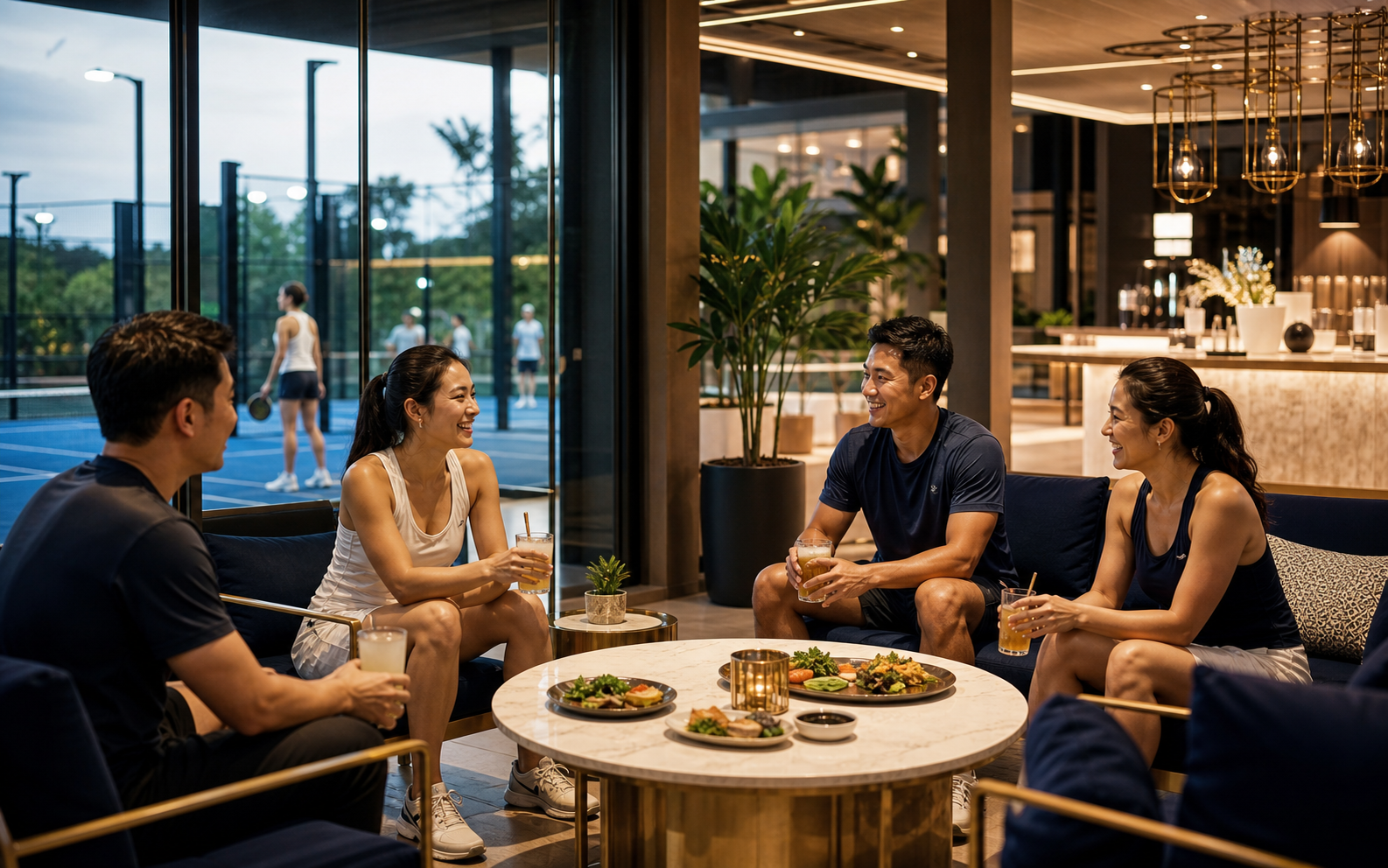 Players relaxing over food and drinks in The Qurt lounge after a match.